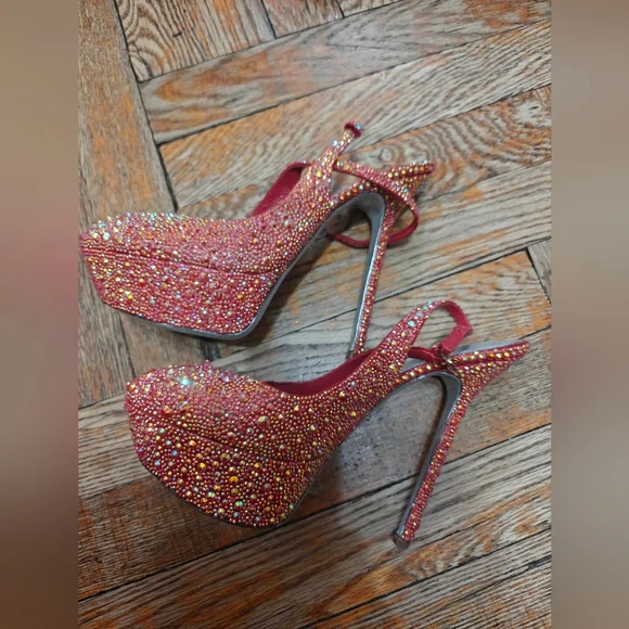 Sergio Rossi Straussed Rhinestone Red Heels 7.5 37.5 - Picture 1 of 7